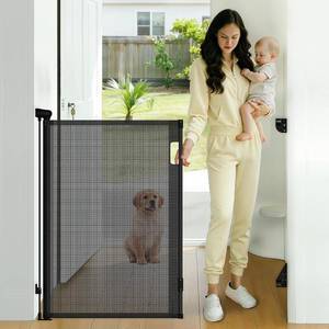 lot 1050 image: Retractable Baby Gate, 38 Tall Mesh, 71 Wide One-Hand Gate, Black