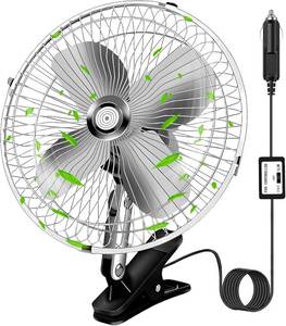 lot 1088 image: 10-Inch Silver Cigarette Lighter Fan, 2-Speed, 360  Rotation, Clip-On, 12V