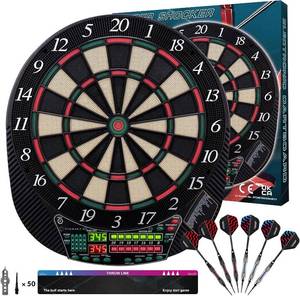 lot 1109 image: $80 Turnart Dart Board with LED Display, 16-Player Scoreboard, 6 Darts