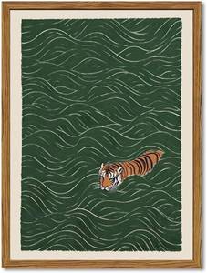 lot 1141 image: Framed Japanese Tiger Wall Art, Vintage Tiger Swimming Canvas, 16x24