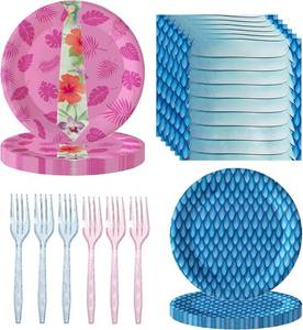 lot 37518 image: 100-Piece Party Decorations Pink Tie and Blue Scales Party Supplies for 25 Guests - Hawaiian style Theme Disposable Birthday Party Tableware Pack Includes Plates, Napkins, Plastic Forks