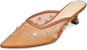 lot 37526 image: Womens Pointed Toe Mesh Mule Slip-On Kitten Heels - RhinestoneFlower Embellished, Multiple Colors (ApricotBlackLight BlueTanRedWhiteNude) - Dress and Party Footwear SIZE 8 12