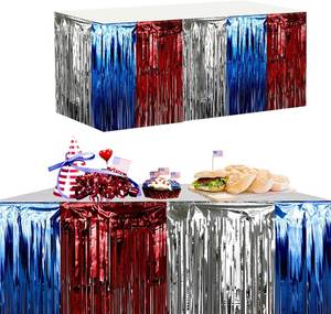 lot 37571 image: mdgfge 2 Pcs 4th of July Table Skirt Decorations Red White Blue Patriotic Metallic Tinsel Foil Fringe Table Skirt Table Decorations for Independence Memorial Day Veterans Day