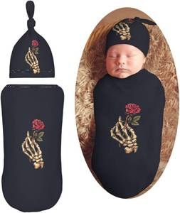 lot 37602 image: Skeleton Hand Holding Rose Newborn Swaddle Blanket with Beanie Set Soft Baby Sleep Sack Stretch Adjustable Swaddle Wraps Receiving Blankets