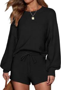 lot 37761 image: Ekouaer Womens 2 Piece Knit Sweatsuit Long Sleeve Tops and Shorts Pajamas Fashion Outfits Casual Lounge Set with Pockets Black XL