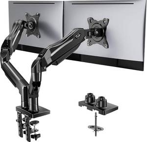 lot 37819 image: HUANUO FlowLift  Dual Monitor Stand, Fully Adjustable Gaming Monitor Desk Mount for 13 32  Computer Screens, Full Motion VESA 75x75100x100 with C-Clamp & Grommet Base, Each Arm Holds 4.4 to 19.8 lbs