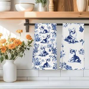 lot 37835 image: Kitchen Waffle Towels Set of 2, Vintage Blue Corgi Dog and Floral Tea Towel,Absorbent Dish Towel for Dog Lovers,or Bathroom Gift for Women 16x24Inch