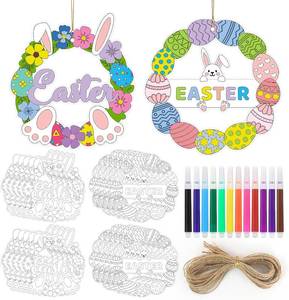 lot 38002 image: 24 PCS Easter Wreath Craft Kit DIY, Easter Crafts for Adults, Paper Wreath Egg Bunny Decorations Coloring with Watercolor Pens Hanging Sign for Classroom Home Wall Decor Activities Indoor(2 Design)