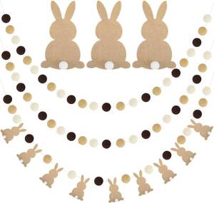 lot 38005 image: Boao 3 Pcs Easter Bunny Felt Banner with String 8 Pom Pom Balls Banner with Felt Bunny Farmhouse Easter Tree Decorations for Mantle, Indoor Holiday Birthday Party Supplies(Brown Color)