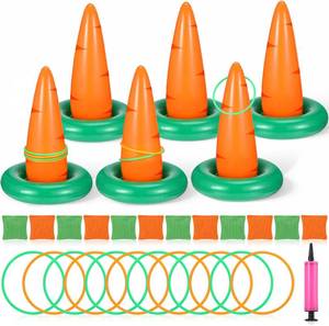 lot 38030 image: Seenelling Easter Carrots Inflatable Ring Toss Game for Adults Family, Indoor Outdoor Party Easter Game Party Decorations Cute Fun with 6 Cones 12 Rings 12 Bean Bags 1 Air Pump