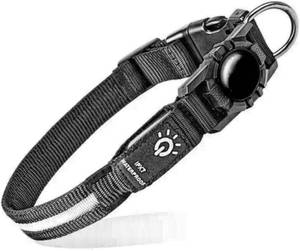 lot 38066 image: LED Dog Collar with Tracker Tag Holder Case Compatible with Apple Tracker Products  Large, USB Rechargeable, Ultra-Bright & High-Visibility for Night Safety 3-Modes (Black)IPX7 Waterproof
