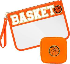 lot 38137 image: 2 Pcs Basketball Gifts Makeup Bag with Chenille Letter Patch,with Handles PVC Waterproof Clear Makeup Bag,Portable Toiletry Storage Bag,Players & Fans Birthday, Team or Sports Lover Presents