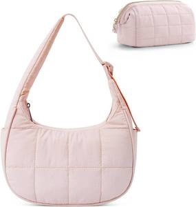 lot 38159 image: Small Puffer Bag, Crescent Shoulder Bag for Women,Nylon Quilted Tote Handbags with Adjustable Strap (Pink Cosmetic Bag)
