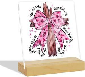 lot 38163 image: Coquette Pink Bow Cross Desk Decor Thanksgiving Thankful Valentine Gifts Inspirational Religious Christian Gift for Women Coworkers Friends Bible Verse Acrylic Sign With Holder