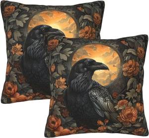 lot 38175 image: Mystical Raven Art Print Decor, William Morris Abstract Vintage Floral Design Throw Pillow Covers Square Pillowcases Decor for Bed Couch Sofa Room Cushion Covers (Set of 2, 18x18 inches