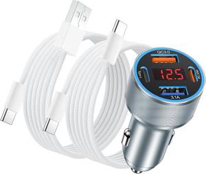 lot 38182 image: USB C Car Charger, 65W 4-Ports USB Fast Charging PD30W Cigarette Lighter Charger Adapter Digital Voltage Display with 2X USB Cables for iPhone 16 15 14 13, Samsung Galaxy S25 S24 S23, iPad & Tablets
