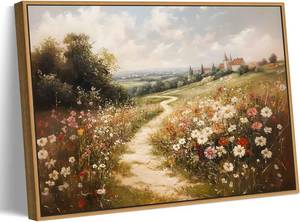 lot 38716 image: Framed Vintage Wildflower Landscape Canvas Wall Art Rustic Nature Flower painting Decor Pictures Farmhouse Nature Floral Posters Prints for Corridor Living Classroom Bedroom Decoration