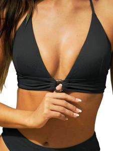 lot 38727 image: BERLOOK Womens O Ring Swimsuit V Neck Triangle Halter Back Tie Bikini Bikini Top, Black with Flowers
