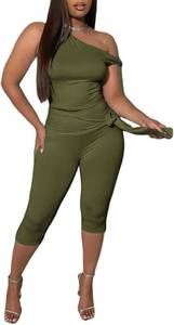lot 38731 image: Womens 2 Piece Stretchy Bodycon Outfits Off Shoulder Solid Color Top And High Waist Capri Pants Set Green XS, X Smal