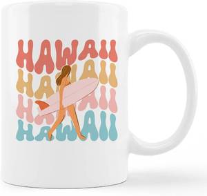 lot 40007 image: Groovy Hawaii Surfer Girl with Surfboard Ceramic Mug-11oz Coffee Milk Tea Mug Cup with Handle,Surfer Girl Gift,Hawaii Souvenirs and Gifts,Hawaiian Gifts for Women