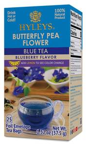lot 40008 image: Hyleys Butterfly Pea Flower Tea   Blue Tea with Natural Blueberry Flavor   25 Tea Bags   Green Tea, Chamomile, Cinnamon, Lemongrass