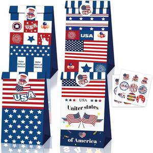 lot 40016 image: HeartYue 12 Pcs 4th of July Goodie Gift Bags Independence Day Treat Bags with Stickers, Red White Blue American Flag Goody Bag for Memorial Day Veterans Day Party Decoration Supplies