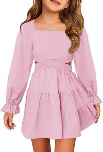 lot 37649 image: Haloumoning Girls Dresses Long Sleeve Square Neck Crossover Waist Casual A-Line Spring Fall Dress 5-14Y