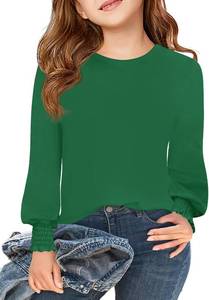 lot 37653 image: Haloumoning Girls Long Sleeve T Shirts Kids Fall Crewneck Tops Casual Smocked Cuffs Tees 5-14 Years