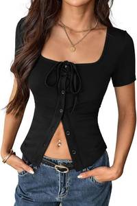 lot 37660 image: Hilinker Womens Button Down Square Neck Tops Sexy Tie Front Slim Fit Short Sleeve Shirts Black X-Large
