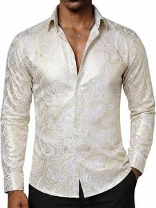 lot 37661 image: DiBanGu Mens Paisley Dress Shirt Luxury Printed Long Sleeve Button Down Shirts Regular Fit Shiny Shirts for Wedding Prom SIZE S
