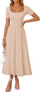 lot 37664 image: ZESICA Summer Dresses for Women 2026 Elegant Classy Square Neck Short Sleeve Flowy Cocktail Party Midi Dress SIZE M