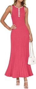 lot 37670 image: ZESICA Womens 2026 Summer Long Maxi Dress Sleeveless Crew Neck Hollow Out Pleated Ribbed Knit Swing Tank Dresses SIZE M
