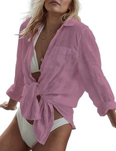 lot 37861 image: Women Long Sleeve Beach Shirt Blouses Bathing Suit Cover Up Button Down Collar Over Size Regular BLACK