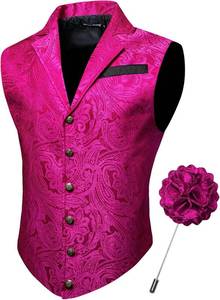 lot 37884 image: Barry.Wang Mens Victorian Suit Vest Lapel Collar Silk Paisley Steampunk Gothic Waistcoat FormalLeisure Party Pink XXXL 3XL
