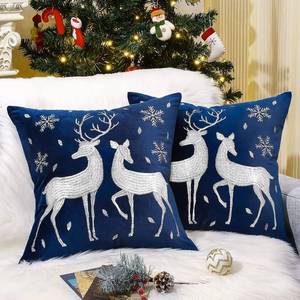 lot 37888 image: Lewondr Christmas Soft Velvet Throw Pillow Cover, 2 Pack White Deer Snowflake Embroidery Decorative Throw Pillow Case Luxury Sofa Cushion Cover for Home Christmas Decoration 20x20(50x50cm),Navy Blue