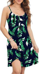 lot 37895 image: Swimsuit Coverup for Women Summer Dress Spaghetti Strap Dresses Eyelet Sundresses Causal Beach Vacation Clothes Blue Leaf, Medium