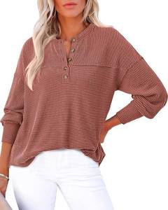 lot 37898 image: KIRUNDO Going Out Tops for Women Henley Shirts Casual Ribbed Knit Long Sleeve Tunic Summer Fall Button V Neck Blouse Brown Small