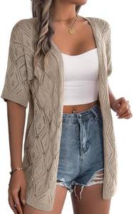 lot 37899 image: Sulozom Crochet Summer Cardigans for Women Lightweight Short Sleeve Open Front Kimono Boho Beach Vacation Clothes Beige Medium