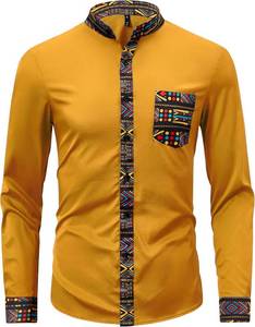 lot 37903 image: ZAFUL Mens African Shirt Hipster Tribal Graphic Patchwork Slim Fit Tee Long Sleeve Button Down Mandarin Collar Shirts Yellow XL