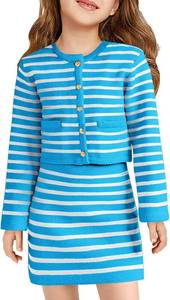 lot 37906 image: Haloumoning Girls Fall 2 Piece Outfits Striped Button Down Cardigan and Skirt Sets with Pockets 5-14 Years Blue White Stripes
