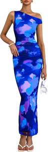 PRETTYGARDEN Women's 2026 Summer Floral One Shoulder Maxi Dress Wedding Guest Ruched Mesh Bodycon Long Cocktail Dresses Blue XL