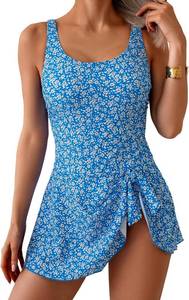 lot 37918 image: Eomenie One Piece Swimdress Swimsuits for Women Tummy Control Swim Dresses Skirt Bathing Suit Blue Floral 4XL