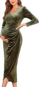 lot 37921 image: AISWI Velvet Maternity Cocktail Dress Long Sleeves Fall Winter Baby Shower Wedding Guest Holiday Pregnancy V Neck XL Green