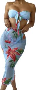 lot 37928 image: Milumia Womens 3 Piece Bikini Set Floral Tie Front High Cut Bandeau Swimsuit with Sheer Beach Skirt Blue Floral Large