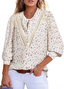 lot 38445 image: Astylish Womens Lace Crochet Patchwork Floral Long Sleeve Button Down Blouse SIZE M