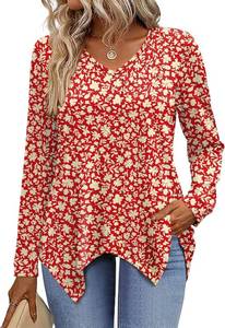 lot 38639 image: Rapbin Long Sleeve Womens Tops V Neck Casual Tunic Tops Basic Pleated Flowy Asymmetrical Hem Shirts Loose Fit 3XL Red Floral