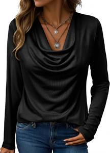 lot 38640 image: EVALESS Long Sleeve Shirts for Women Fall Womens Tops Spring Cowl Neck Draped Blouses Tee Professional Teacher Outfits for Work Office Formal Business Casual Outfits Loose Fitted,Black Large