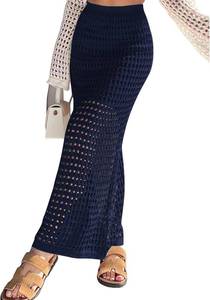 lot 38651 image: Womens Sexy Eyelet Crochet Knit Ankle Length Long Pencil Straight Skirts Navy XL