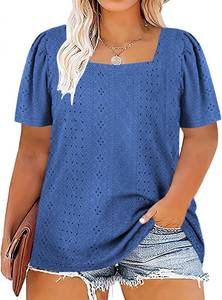 lot 38657 image: VISLILY Womens-Plus-Size-Summer-Tops Square Neck T Shirts Puff Short Sleeve Blouses Eyelet Tunics XXL Blue