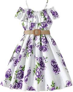 lot 38669 image: Off-The-Shoulder Girls Green Dress, Straps Girls Casual Dress Stripe Spacing with Belts Childrens Summer Dresses